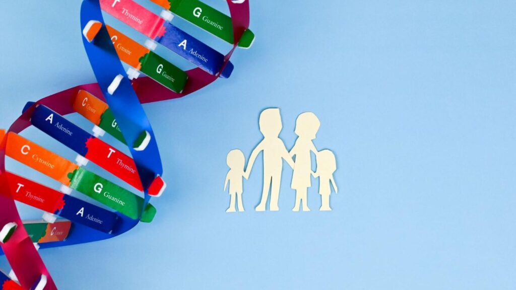 Helix DNA structure over a blue background next to cutouts of parents and children